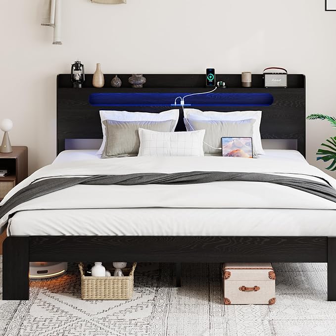 Wooden King Size Bed Frame with Storage Headboard, Farmhouse Platform Bedframe with Charging Station & Led Lights, Sturdy Wood Slat Framework, Easy Assembly (Rustic Black, King)
