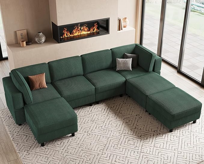 114.2" Modular Sectional Sofa with Deep Storage Seat,Corduroy 7 Seat U Shaped Sofa Couch,Modular Sofa Couch with Movable Ottoman Chaise,Upholstered Sectional Couches for Living Room,Green