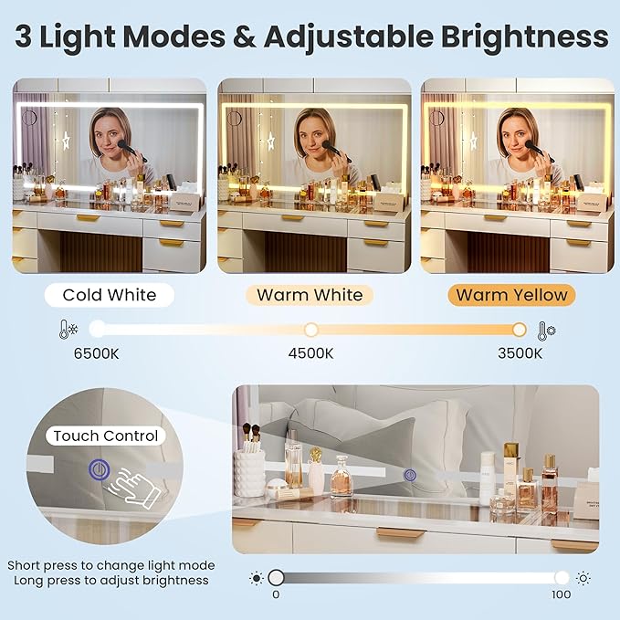 Pamapic Glass Top Vanity Desk with Mirror and Lights, 11 Drawers Makeup Vanity with Charging Station and Chair, Golden Handles Dressing Table, 3 Lighting Modes Makeup Table, White