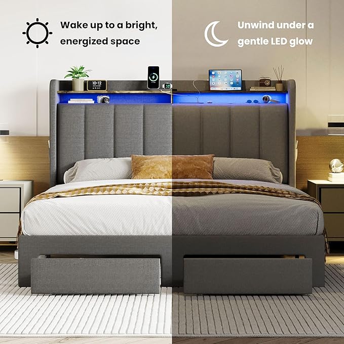 SHA CERLIN Full Size Platform Bed Frame with Vertical Channel Tufted Wingback Headboard & 2 Storage Drawers/2-Tier Shelves with LED Lights & Charging Station/Noise-Free/No Box Spring Needed/Dark Grey