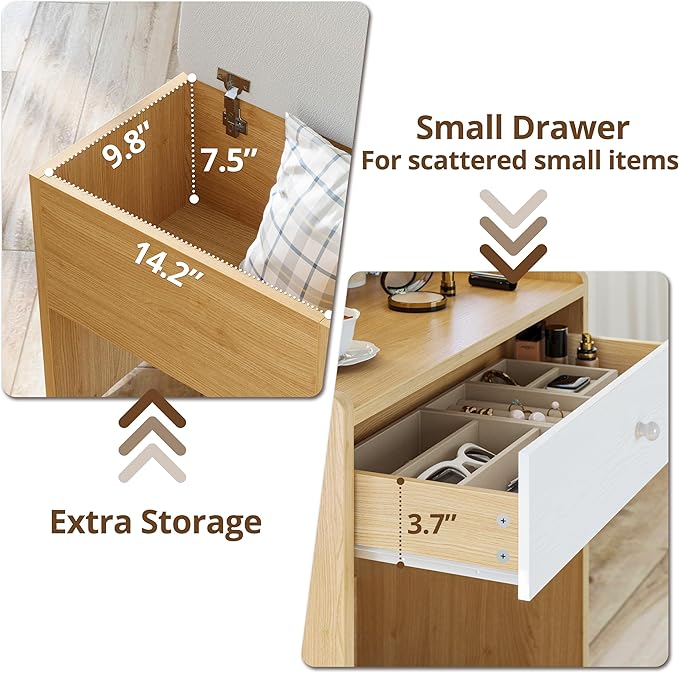 LIKIMIO Small Makeup Vanity Desk with Mirror and Lights, Vanity Table Set with Storage Drawer, Chair and Three Shelves, Bedroom, Wood