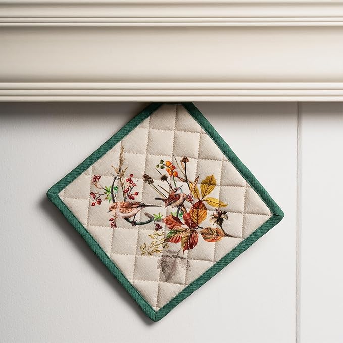 Maison d' Hermine 100% Cotton Oven Mitt & Pot Holder Set (7.5"x13" & 8"x8") Heat Resistant BBQ Cooking Gloves with Loop for Thanksgiving Christmas Decorations Handling Hot Pans (Recolte)