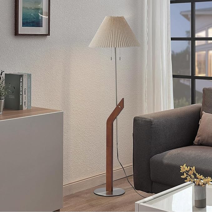 Wood Floor Lamp,2-Light Modern Mid Century Vintage Floor Lamp, Height Adjustable Living Room, Study Room,Bedroom,Office Tall Standing Lamp,Linen Lampshade