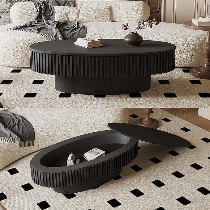 47.2" Oval Coffee Table with Storage, Fluted Coffee Table with Solid Wood Veneered, Mid Century Modern Wooden Center Table, Accent Tea Table for Living Room Apartment, Black
