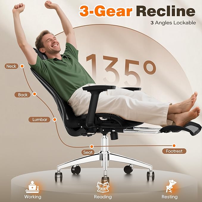 GABRYLLY Ergonomic Office Chair with Footrest, 135° Reclining Desk Chair with Adjustable Lumbar Support,3D Armrest,Headrest & Large Steel Base, 300LBS Heavy Duty Mesh Chair
