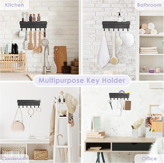 VIS'V Key Holder Wall Mount, Compact Adhesive Key Rack with Tray, 6 Hooks, 2 Mount Options, Black