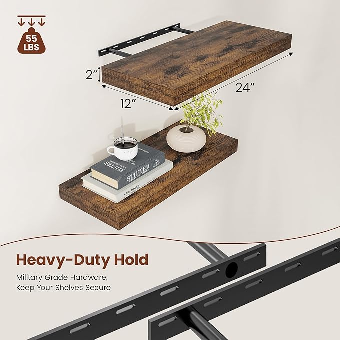 Vivelove 12" Deep Floating Shelves Over Toilet, 24" Wall Shelves for Bathroom Bedroom Kitchen Living Room Laundry Room, Farmhouse Rustic Shelves for Home Decor, 24" X 12" X 2" Set of 2, Rustic Brown