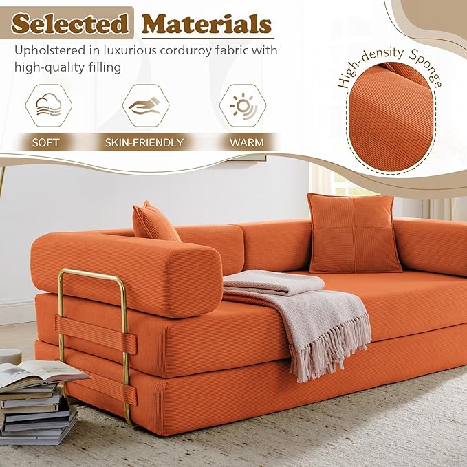 Antetek Convertible Futon Sofa Bed, 3-Seater Modern Corduroy Foam Floor King Size Bed Fold Out Sleeper Lounge Loveseat Sofa Couch with 2 Throw Pillows for Living Room Bedroom Guest Room, Orange