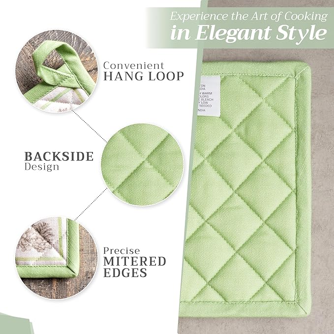 Maison d' Hermine Pot Holders Set 100% Cotton Heat Resistant Potholders 8" x 8" Hot Pads with Loop for Thanksgiving Christmas Decorations BBQ Baking Handling Hot Pans (Pack of 2, Christmas Dew)