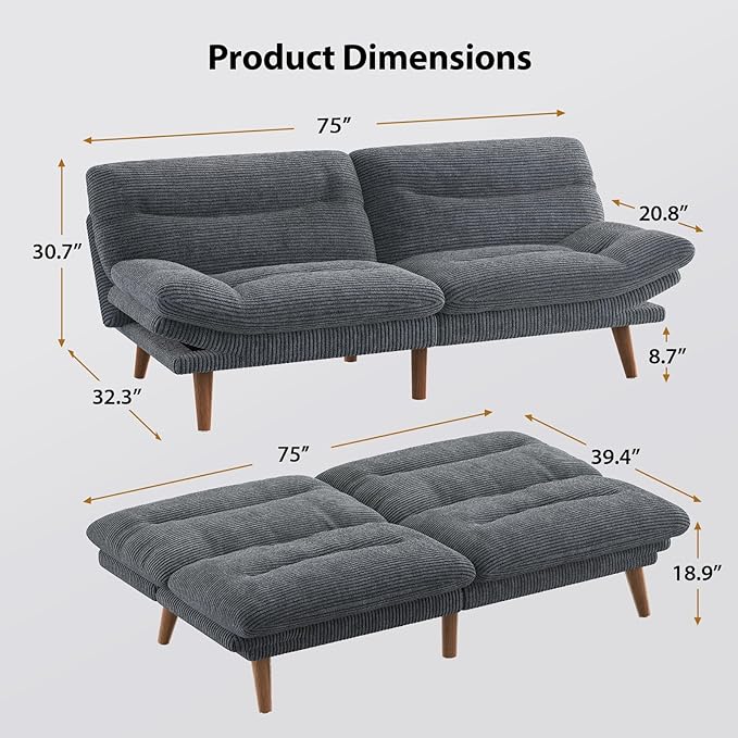 Amada 75" Convertible Futon Sofa Bed, Corduroy Folding Futon Set with Adjustable Backrest &Armrests, Recliner Lounge for Living Room, Apartment or Office, Solid Wood Frame, Loveseat Sofa -Dark Grey