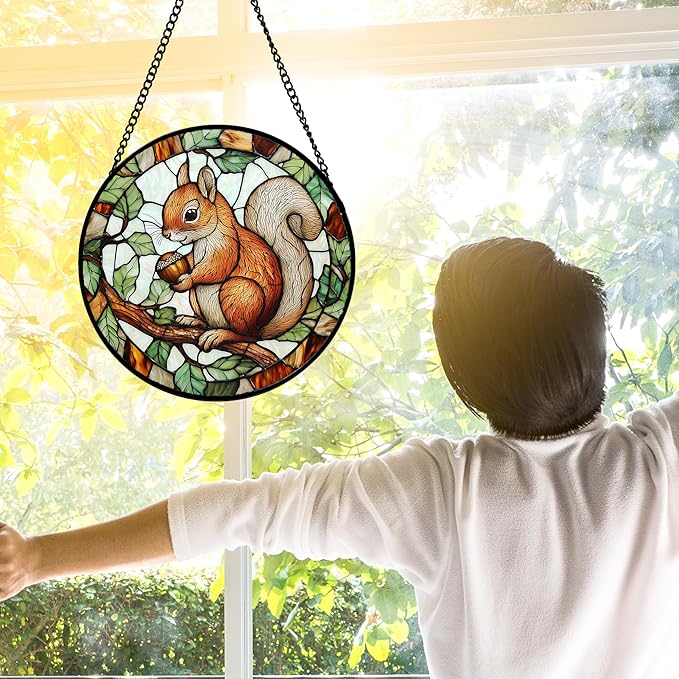 Stained Glass Window Hanging, Squirrel on a Branch Suncatcher Diamond Glass Panel Animal Sun Catchers Decor for Birthday for Women, Men, Wife, Aunt, and Mom 7.8 in