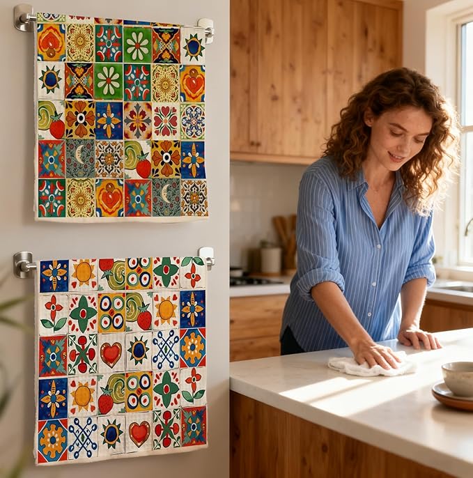 2-Pack Spanish Kitchen Towels, Mediterranean Colorful Tile Pattern Waffle Towels 16x24 Inch, Floral & Fruit Dish Towels Decor for Kitchen, Spanish Inspired Hand Towel for Bathroom Decor.