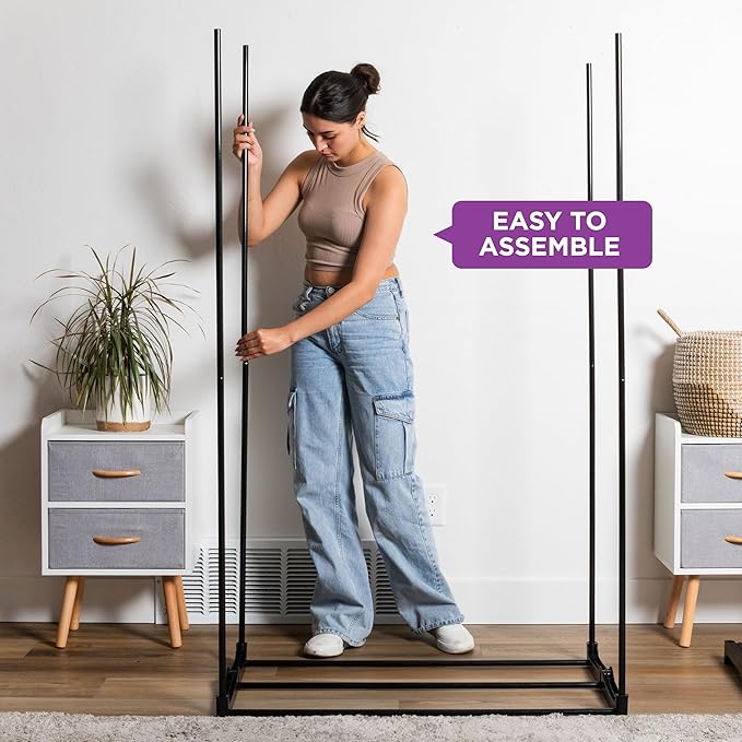 HOLDN’ STORAGE Portable Wardrobe Closet - 50 lb Capacity, Internal Heavy Duty Metal Rod, Zipper & Clear Window, Durable Clothes Organizer, Tool-Free Easy Assembly, Dark Gray Canvas Cover