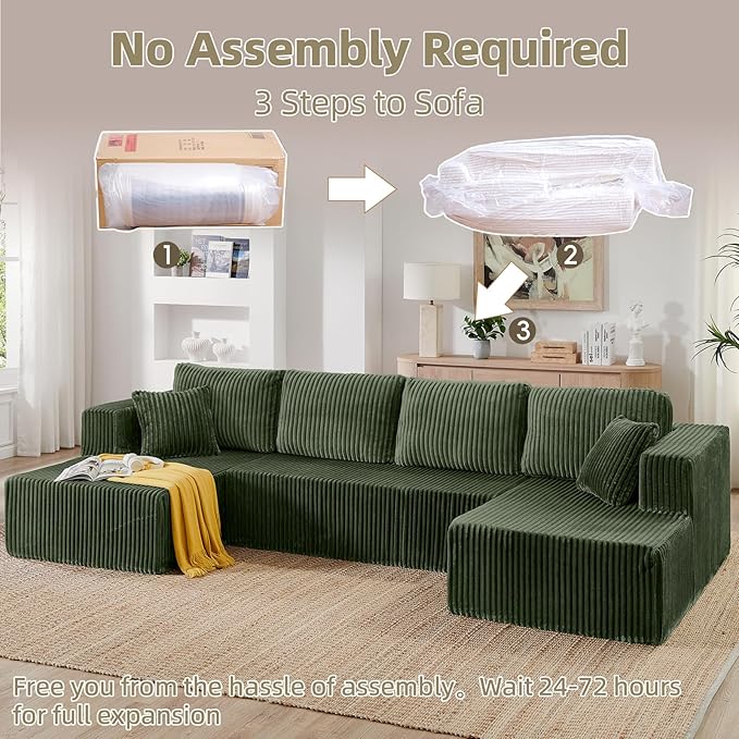 134 Inch Cloud Sectional Couch for Living Room,Corduroy Boneless Couches with L-Shape Chaise,Modern Modular Sectional Sofa with Deep Seat,No Assembly Required (Green, U-Shaped Sofa)
