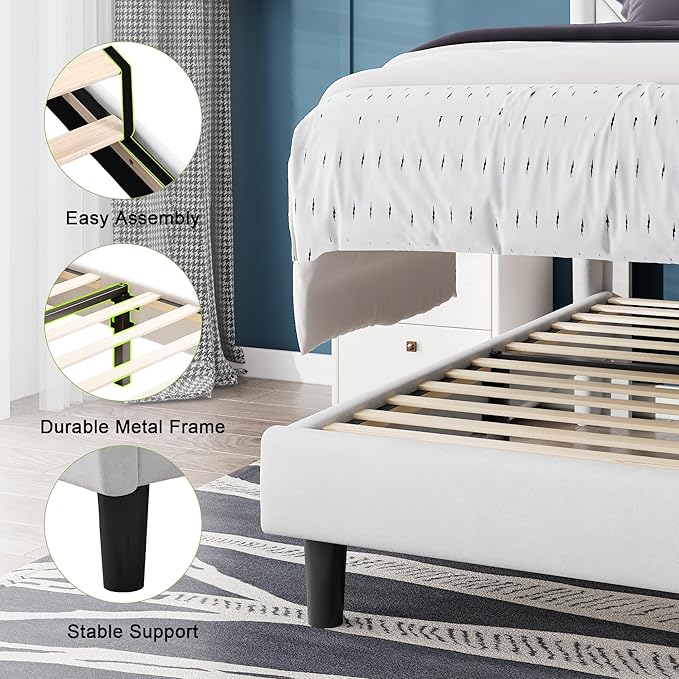 Feonase Twin Size Bed Frame with Charging Station, Upholstered Linen Bedframe with Wingback Headboard, Solid Wood Slats Support, No Box Spring Needed, Noise Free, White