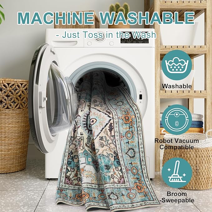 WILLSUN Washable Area Rugs, 9x12 Non-Slip Boho Large Area Rugs for Living Room, Bedroom, Machine Washable Vintage Rug, Indoor Floral Print Carpet for Home Decor, Kid & Pet Friendly Mat