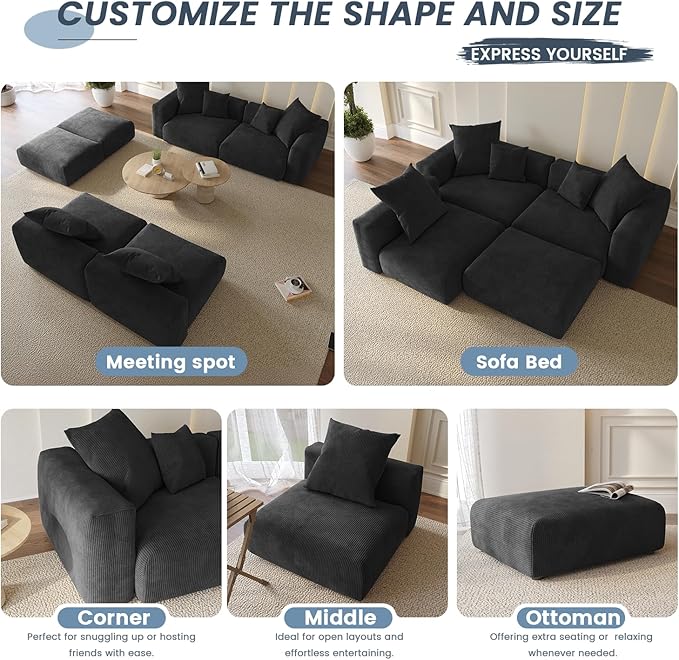 Sectional Couches for Living Room,102inch Cloud Couch Modular Sectional Sofa,Modern Corduroy Couch Love Seat,Cushion Covers Removable& Washable (Black)