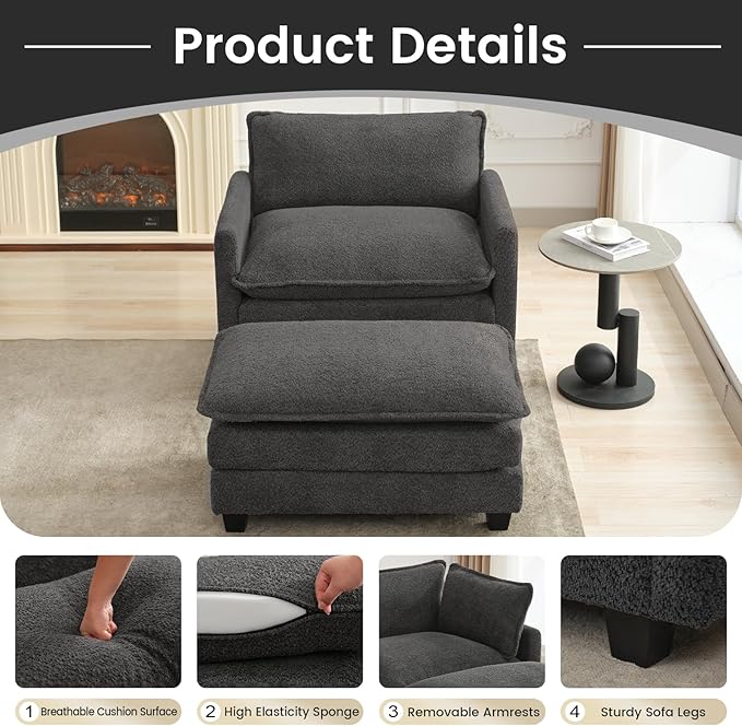 ROWHY Convertible Sectional Couch with Ottoman, Single Armchair with armrests, Modern Living Room Furniture Set, Small Couches for Small Spaces, for Living Room, Chenille, Charcoal Grey