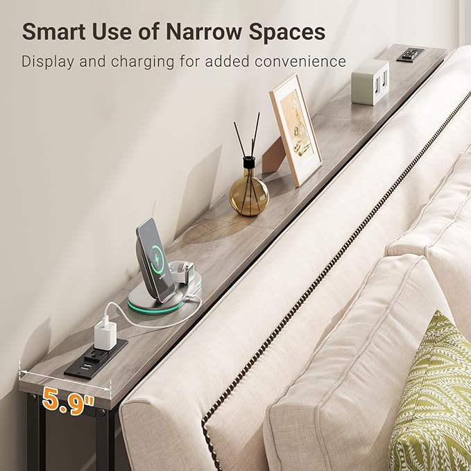 ELYKEN 2 Pack 5.9" Narrow Console Sofa Table with Power Outlets, Total 78.8” Long Behind Couch Table with Charge Station and 5.9’ Extension Cord for Living Room, 5.9" D x 78.8”W x 29.5”H, Gray