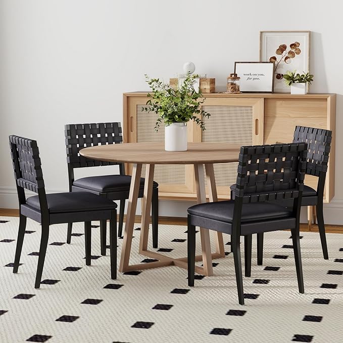 Woven Faux Leather Dining Chairs Set of 2, Farmhouse Upholstered Kitchen Chairs with Wooden Legs Armless Accent Side Chairs for Dining Room/Restaurant, Black