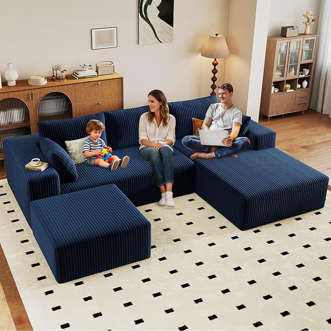 96" U-Shape Cloud Couch, Modern Modular Sectional L-Shape Sofa with Ottoman, Corduroy Upholstered Couches Deep Seat Sleeper Chaise Longue for Living Room, No Assembly Required(Blue, Right Facing)
