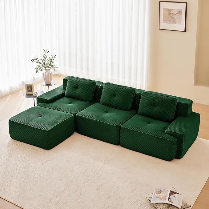 115.3'' Sectional Sofa, 32D Foam Corduroy Boneless Couch with Pillow, Deep Seat Wide Arm Sectional L Shaped Couch for Living Room, Apartment, Bedroom