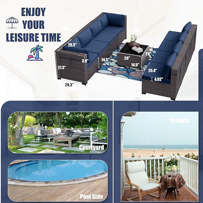 Kurapika 9 Pieces Patio Furniture Set, Rattan Wicker Outdoor Conversation Sets w/4in Cushion and Glass Coffee Table(Navy Blue)