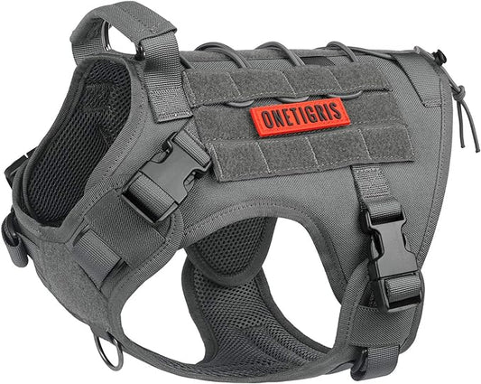 OneTigris Tactical Dog Harness Vest,No-Pull Service Dog Vest with Hook & Loop Panels,Adjustable Dog Vest Harness for Walking Hiking Training(Grey,XS)