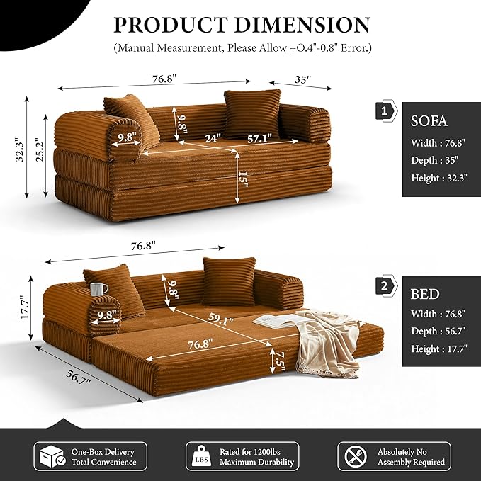 Boneless Couch Sofa Bed Sectional Couches for Living Room,Futon Cloud Couch with Sleeper Sofa,Sofas for Living Room Oversized Corduroy Upholstered (Orange)