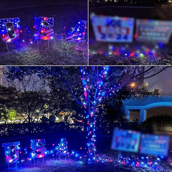 Kwaiffeo Red White and Blue Lights: 164FT 500LED 8 Modes String Lights for 4th of July Decorations Outdoor - Patriotic Light for Independence National Memorial Day Decor, UL Plug