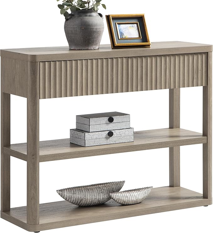 SICOTAS Fluted Entryway Table with Storage, 44.13" W Console Table with 2 Drawers & 2 Tier Storage Shelves, Modern Sofa Table Behind The Couch for Living Room, Entrance, Hallway, Foyer, Grey Alder