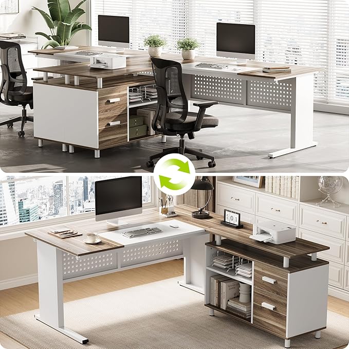 LITTLE TREE Large Computer Desk with File Cabinet, 63 Inch Executive Desk L Shaped Office Desk with Drawers and Storage Shelves, Business Furniture Desk Workstation for Home Office