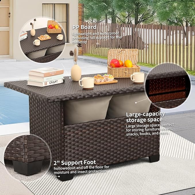 46 Inches Outdoor Coffee Table with Storage Wicker Patio Table Outdoor Dining Table with Glass Tabletop, Brown