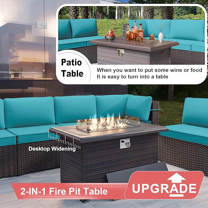 Kurapika 7 Pieces Patio Furniture Set, Rattan Wicker Outdoor Conversation Sets w/43in Propane Fire Pit Table and 4 Inch Cushion(Blue)