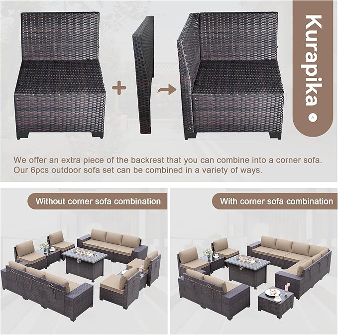 Kurapika 13 Pieces Patio Furniture Set, Rattan Wicker Outdoor Conversation Sets w/43in Propane Fire Pit Table(Sand)