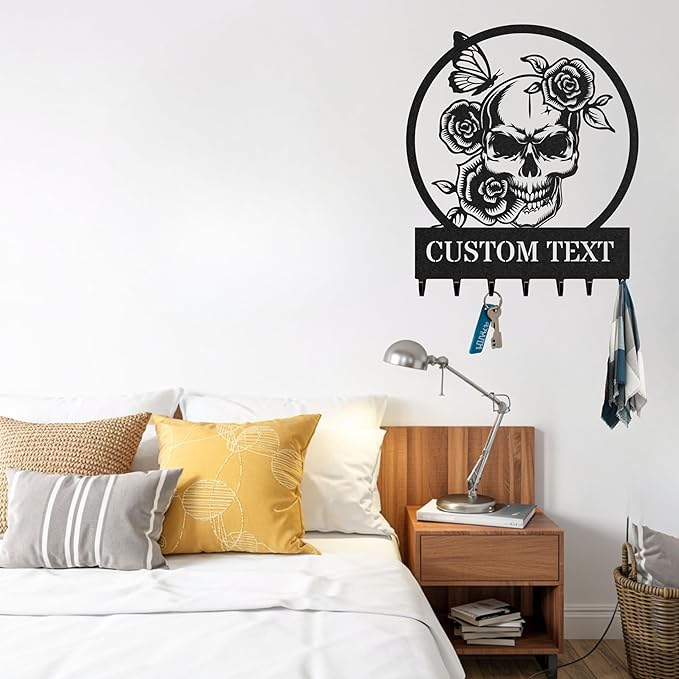 Personalized Key Holder for Wall, Custom Metal Rose Skull Key Hooks with Name, Metal Jacket Holder Hooks Organizer Rack, Coat Hanger Decor for Kitchen, Entryway, Hallway, Office