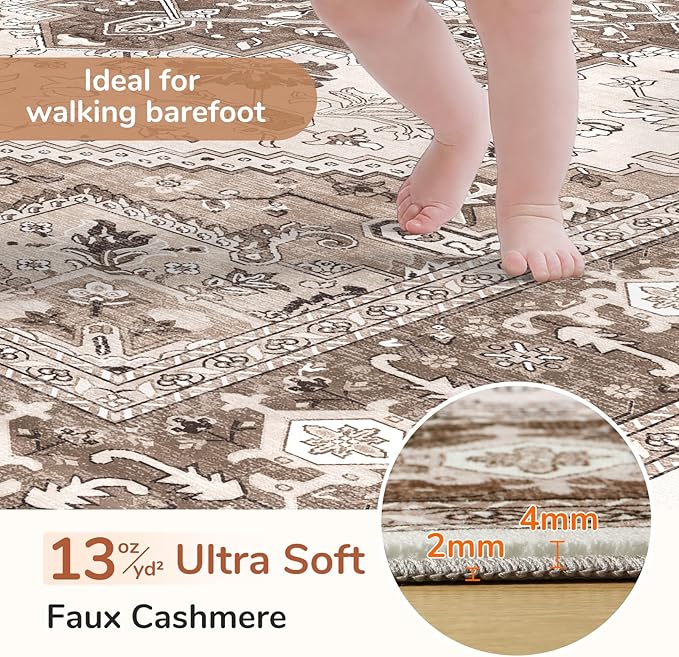 OPPODREAM Thin 8x10 Area Rugs, Washable Rugs 8x10 with Non Slip Backing, Faux Cashmere Low-Pile 8 x 10 Carpet, Khaki