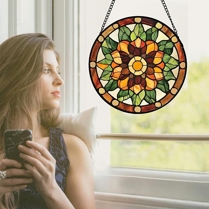 Stained Glass Window Hanging - Yellow Green Boho Style Flowers Sun Catcher for Door Garden Home Decor Suncatcher Christmas Mother's Day Birthday Gifts for Women Mom Girl Nana Friend 6.3 in