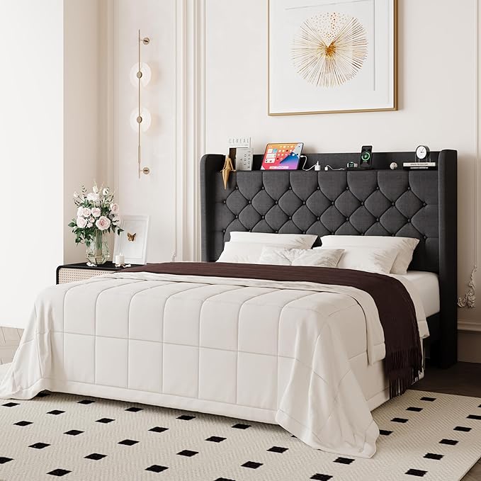 Allewie Full Size Bed Frame, Storage Headboard with Charging Station, Wingback Linen Upholstered, Diamond Stitched Button Tufted, Sturdy Wooden Slats, No Box Spring Needed, Easy Assembly, Dark Grey