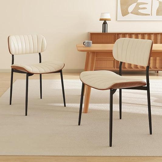 Modern PU Leather Dining Room Chairs Set of 2, Upholstered Kitchen Chairs with Curved Wood Backrest and Metal Legs Adjustable Feet for Kitchen Dining Room(Beige)