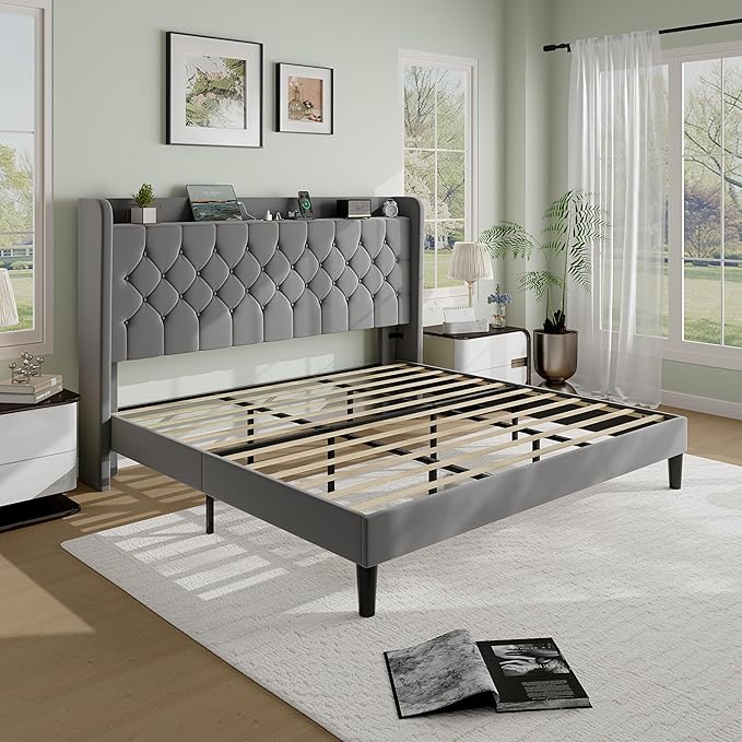 SHA CERLIN King Size Platform Bed Frame with Charging Station, Velvet Wingback Headboard with Storage Shelf, Wooden Slats Support, Ample Under-Bed Space, No Box Spring Needed, Easy Assembly, Grey