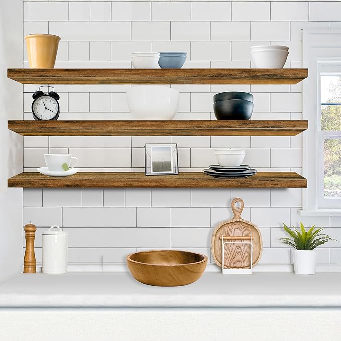 Sorbus Floating Shelves for Wall - 55 Inch Extra-Long Bathroom Shelves, Wall Decor for Bedroom, Kitchen, Living Room, Book Storage - Mounted Floating Shelf with Hidden Brackets (Rustic Brown, 3 Pack)