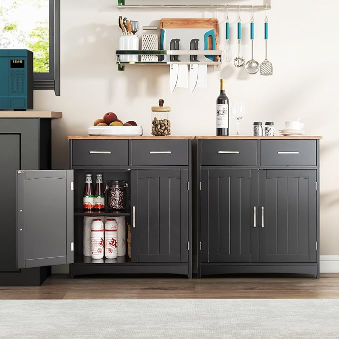 Buffet Cabinet with Storage, Coffee Bar Cabinet 26 x 30 Inches, Oak Top Sideboard Cabinet, Matte Black Finish, Anti-Fall Drawers, Arched Doors, Adjustable Shelves