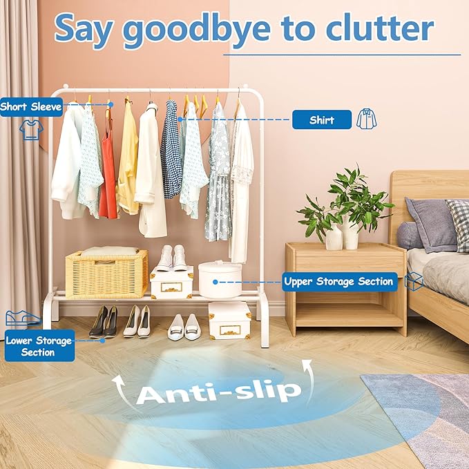 JIUYOTREE Metal Clothing Rack, 43.3 Inches Clothes Garment Coat Rack with Bottom Shelf for Hanging Skirts, Shirts, Sweaters, White