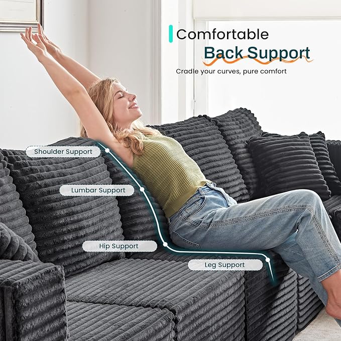 156" U Shaped Cloud Couch Sectional Modular Sofa with Deep Seat, 7 Seater Corduroy Couches, Boneless Couch with Removable Ottoman, Sectional Couches for Living Room, No Assembly Required, Grey