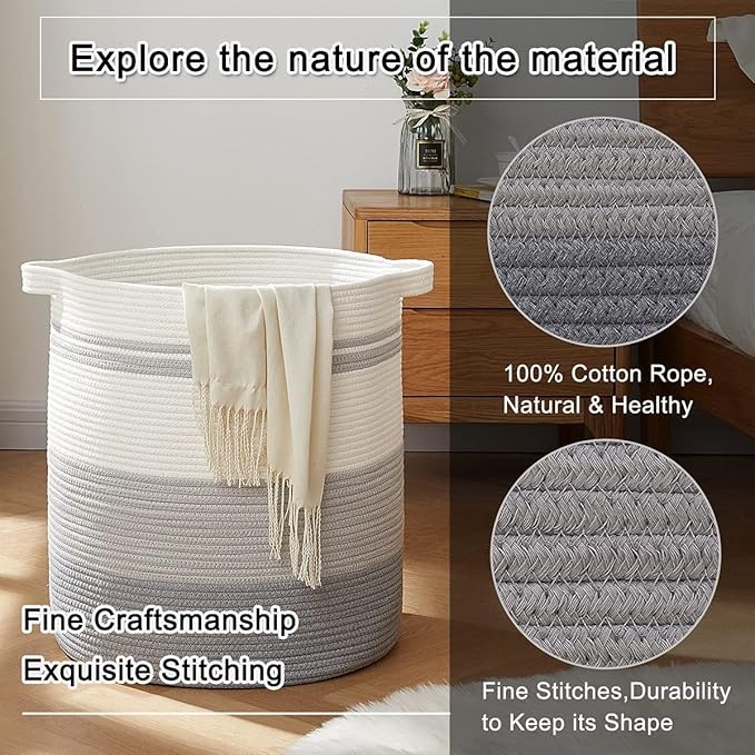 OIAHOMY 100L Laundry Hamper - Storage Basket with Handles, Decorative Woven Basket for Living Room, Toys Bin, Pillows, Blankets, Clothes - 19x21in - Gradient Gray