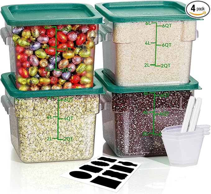 6QT NSF Food Storage Containers with Lids: 4 PCS [Total Food Grade][Hot&Cold Resistant] Commercial Clear Food Storage Containers for Restaurant Kitchen Proof Dough, Measuring Spoons Included(Green)