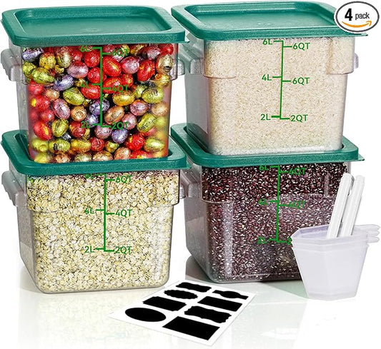 6QT NSF Food Storage Containers with Lids: 4 PCS [Total Food Grade][Hot&Cold Resistant] Commercial Clear Food Storage Containers for Restaurant Kitchen Proof Dough, Measuring Spoons Included(Green)