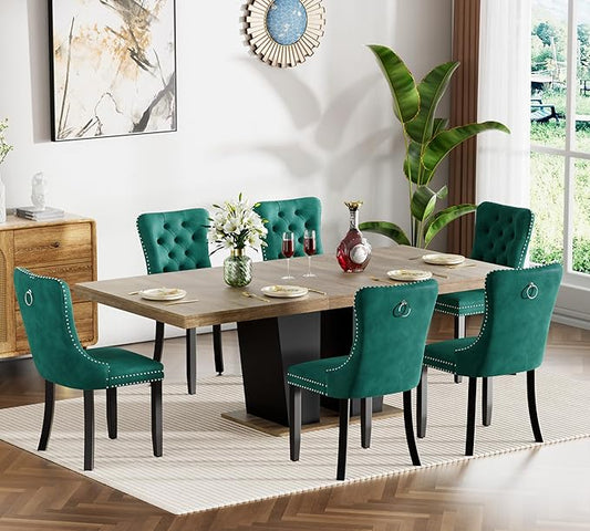 Goujxcy 7-Piece Extendable Dining Table Set for 6-8 People 63-78 Inch Kitchen Table Set with 6 Velvet Upholstered Chairs Farmhouse Rectangular Dining Room Table Set for Kitchen Dining Room Apartment