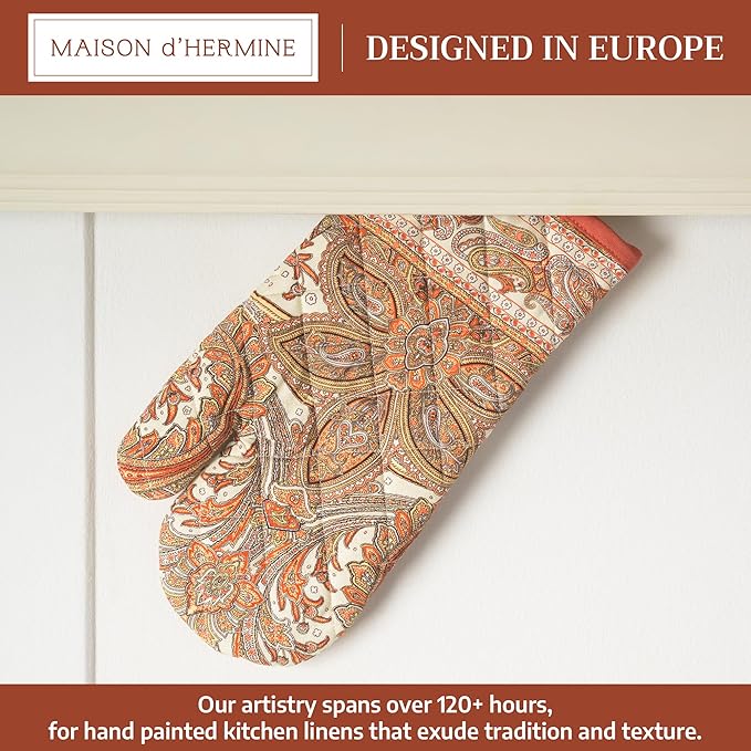 Maison d' Hermine Oven Gloves 100% Cotton Oven Mitt 7" x 13" with Loop Heat Resistant BBQ Cooking Gloves for Thanksgiving Christmas Decorations Baking Handling Hot Pans (Pack of 1, Kashmir Paisley)